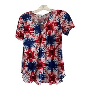 FRESHMAN‎ Women’s Red, White, & Blue Splattered Top Blouse Shirt-Size XS